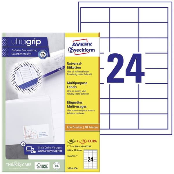 Avery-Zweckform 3658-200 Universaletiketter 64.6 x 33.8 mm Papper Vit 4800 st Permanent Laser, färg, Laser, Färgkopiato