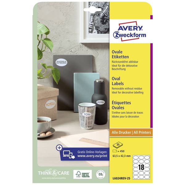 Avery-Zweckform L6024REV-25 Universaletiketter 63.5 x 42.3 mm Papper Vit 450 st Repositionerbart Laser, färg, Laser