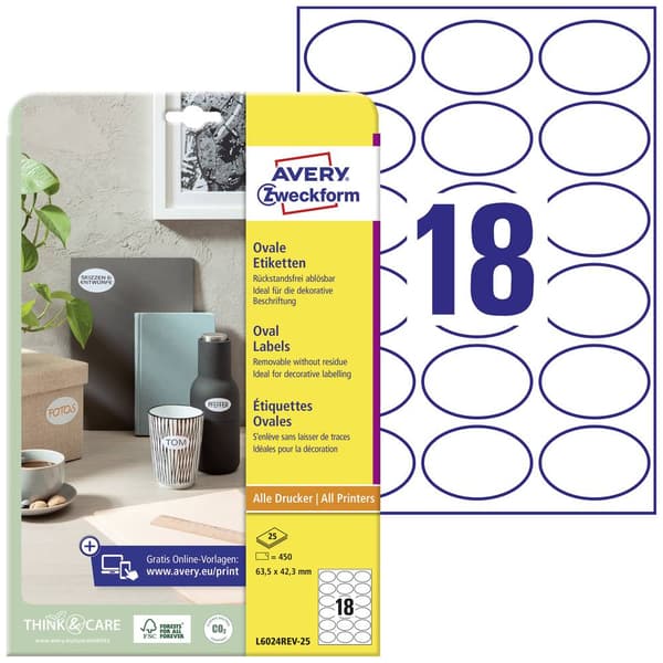 Avery-Zweckform L6024REV-25 Universaletiketter 63.5 x 42.3 mm Papper Vit 450 st Repositionerbart Laser, färg, Laser