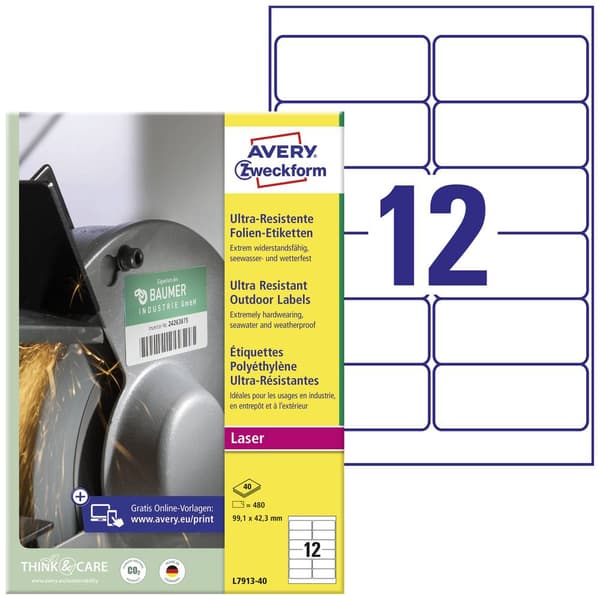 Avery-Zweckform L7913-40 Universaletiketter 99.1 x 42.3 mm Polyetenfilm Vit 480 st Permanent Laser 40 Papper DIN A4