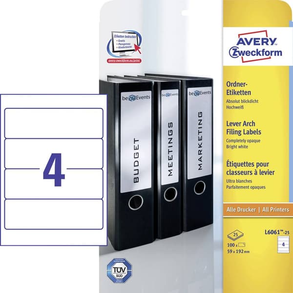 Avery-Zweckform L6061-25 Mappetiketter 59 x 192 mm Papper Vit 120 st Permanent Laser, färg, Laser, Färgkopiator, Kopiat