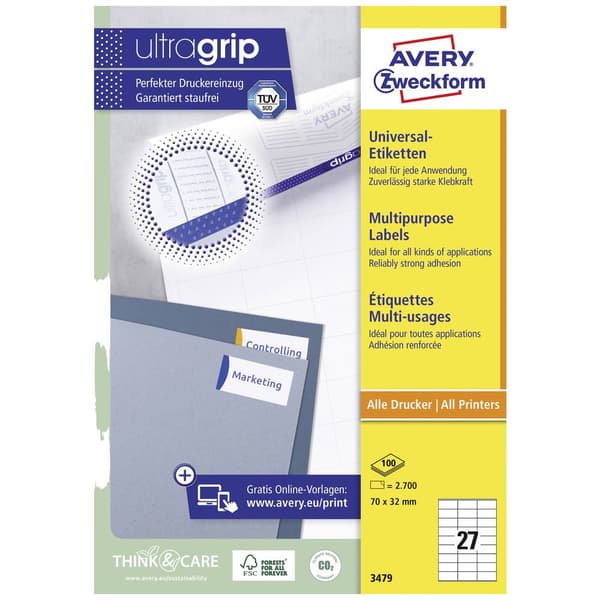Avery-Zweckform 3479 Universaletiketter 70 x 32 mm Papper Vit 2700 st Permanent Laser, färg, Laser