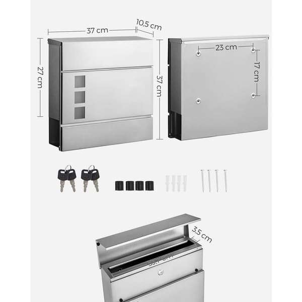 Rootzin ruostumattomasta teräksestä valmistettu postilaatikko - Postilaatikko - Postilaatikko - Kestävä rakenne - Turvalukko - Säänkestävä - 37 cm x 1