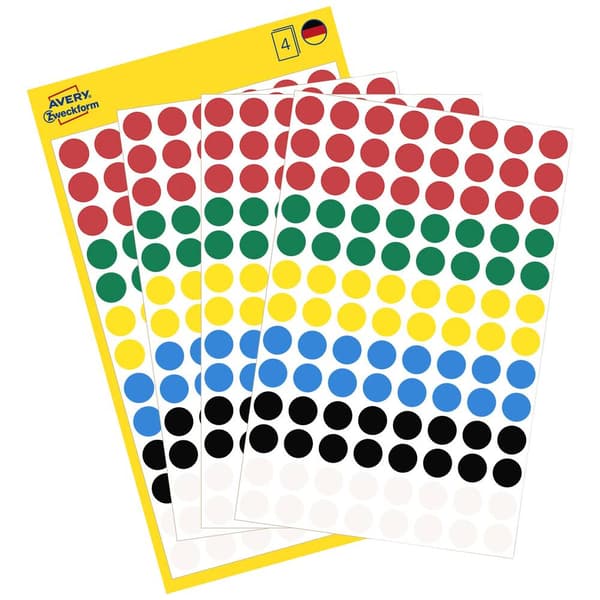 Avery-Zweckform 3090 Markeringsetiketter Ø 8 mm Röd, Grön, Gul, Blå, Svart, Vit 416 st Permanent Papper