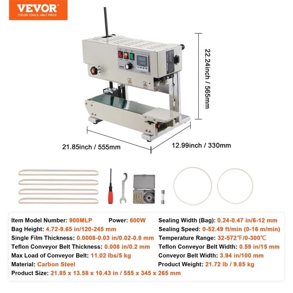 Vertikal Båndforsegler, Justerbar Forseglingsbredde 6-12 mm,600W