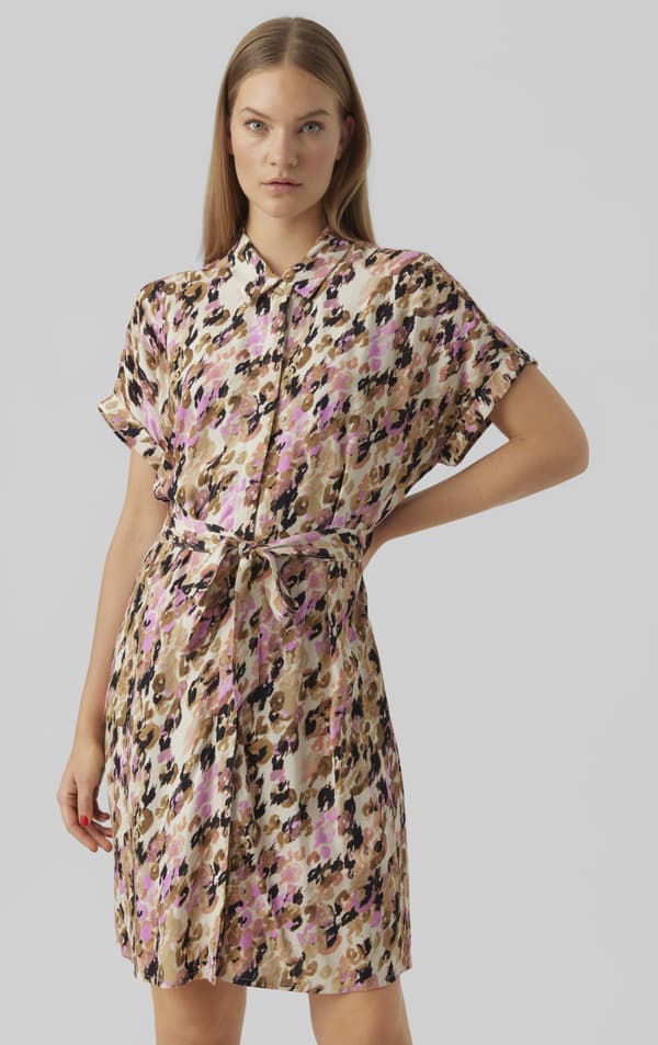 Vero Moda - vmEasy SS Shirt Dress Ina Print Beige S