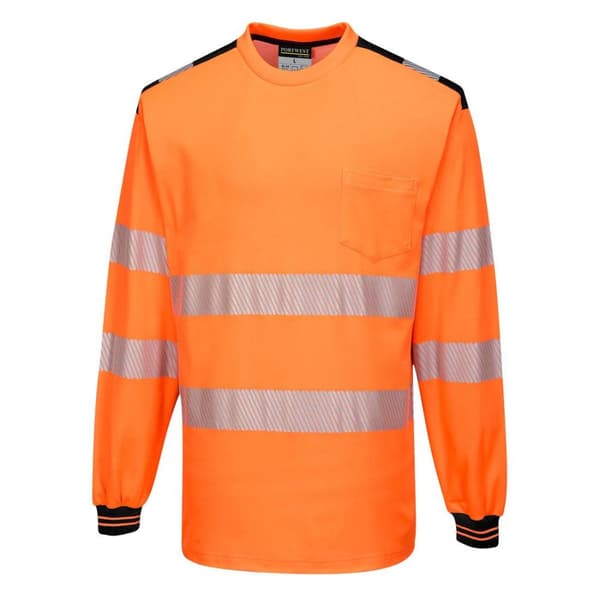 Portwest Mens PW3 Knitted Hi-Vis Comfort Long-Sleeved Safety T-Shirt Orange/Black 3XL