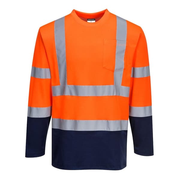 Portwest Kontrasterad bomullsskjorta med hög synlighet Comfort långärmad T-shirt för män Orange/Navy 3XL