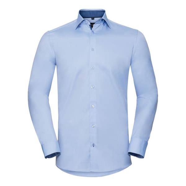 Russell Collection Langærmet kontrast sildebensskjorte med kontrastfarve til mænd Light Blue/Mid Blue 16.5