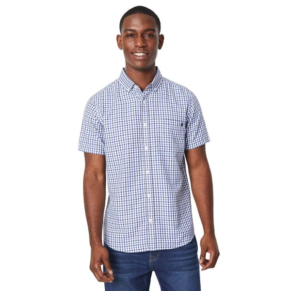 Maine Mens Gingham Check Short-Sleeved Shirt Navy M