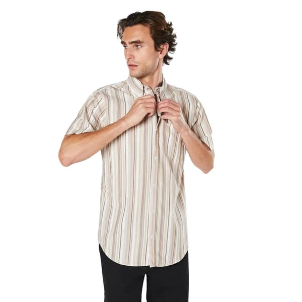 Maine Mens Variegated Stripe Oxford Short-Sleeved Shirt Natural L
