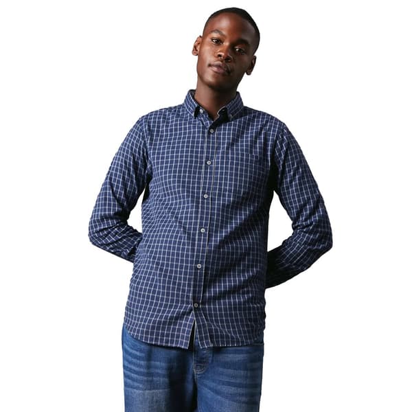 Maine Mens Grid Checked Brushed Long-Sleeved Shirt Navy L