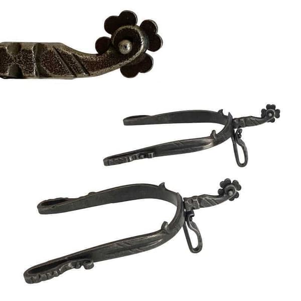 Marjoman Distribucion Long Curved Rooster Roulette Clover Forged Cowboy Spurs