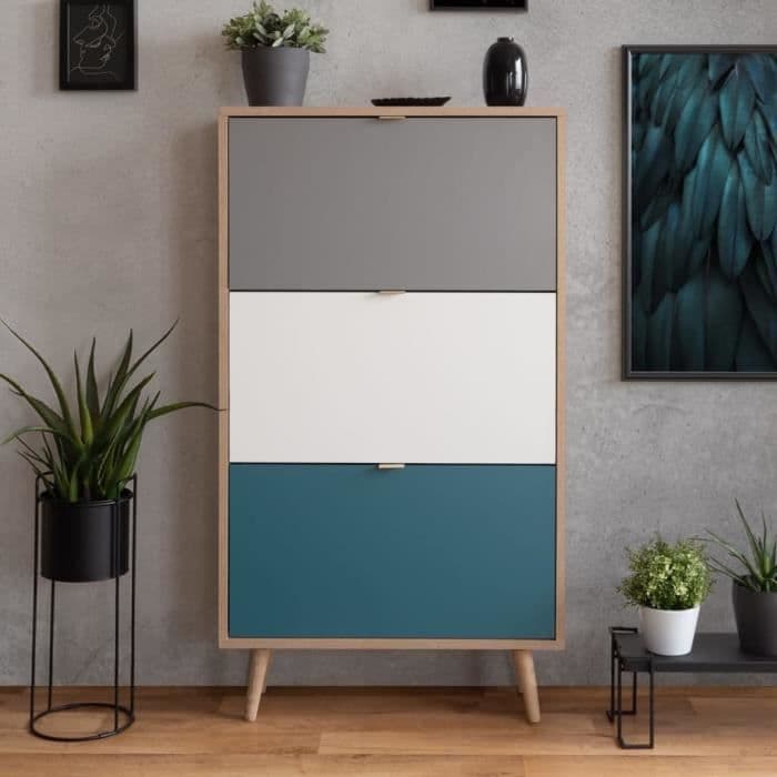 CUBA Skoskåp 18 par - Sonoma ek och ljusgrå dekor - L 70 x D 24 x H 127 cm