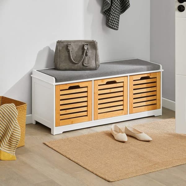 SoBuy Säilytyspenkki leluille, 3 koreja, Säilytyspenkki Kenkäkaappi Pituus 105 cm Leveys 35 cm Korkeus 43 cm harmaa, puukuvio FSR23-WN