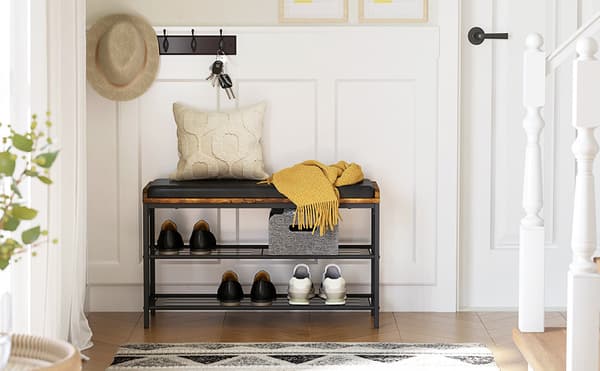 Skohylla med Sittbänk Skinn Dyna Industriell Stil 80x48x30 cm