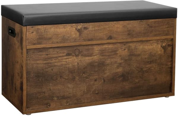 Sittbänk med skohylla, skinn dyna, förvaringsutrymme - Vintage brun-svart
