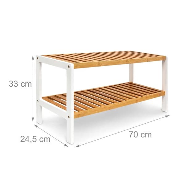 Relaxdays Skoställ, bambu, 2 nivåer, för 6 par, H x B x D: 33 x 70 x 24,5 cm, natur/vit