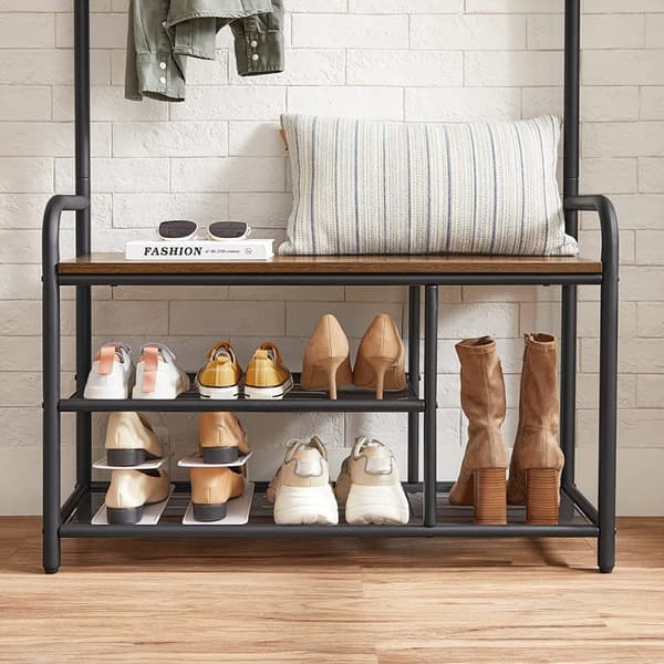 Klädhängare med sittbänk, skohyllor Industriell design - Vintage brun-svart