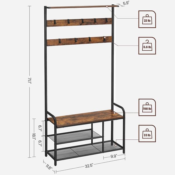 Klädhängare med sittbänk, skohyllor Industriell design - Vintage brun-svart