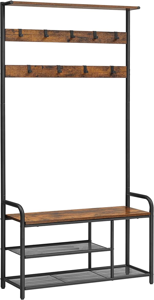 Klädhängare med sittbänk, skohyllor Industriell design - Vintage brun-svart