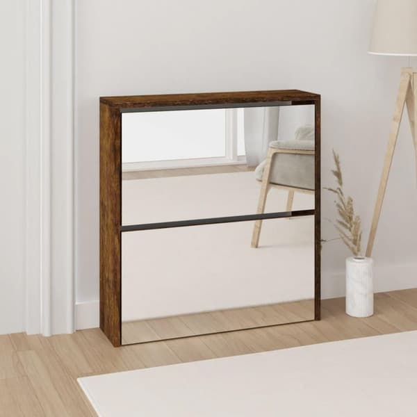 vidaXL skoskab med spejl 2 hylder 63x17x67 cm røget egetræ