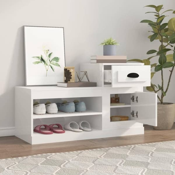 vidaXL Kenkäkaappi korkeakiilto valkoinen 100x42x60 cm tekninen puu