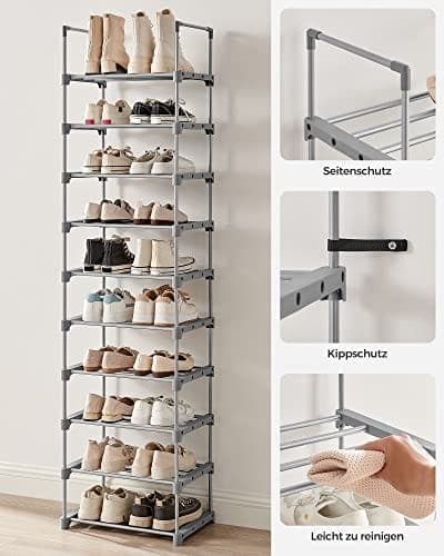 Songmics Shoe Rack, 10-lags metal skoopbevaringsarrangør, 30 x 45 x 174 cm, grå