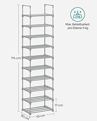 Songmics Shoe Rack, 10-lags metal skoopbevaringsarrangør, 30 x 45 x 174 cm, grå