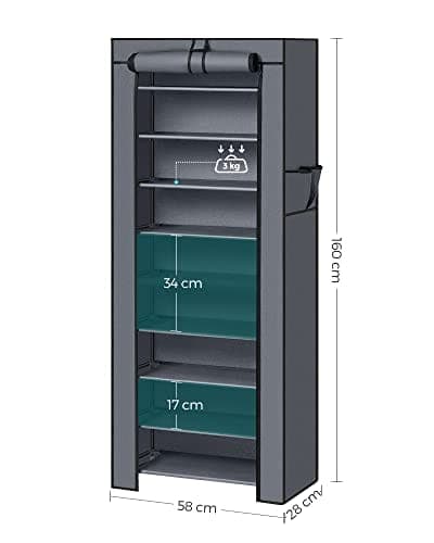 SongMics 10 -tason kenkäteline kaappi enintään 27 paria kenkiä ilmaiseksi -varaston järjestäjä 58 x 28 x 160 cm harmaa