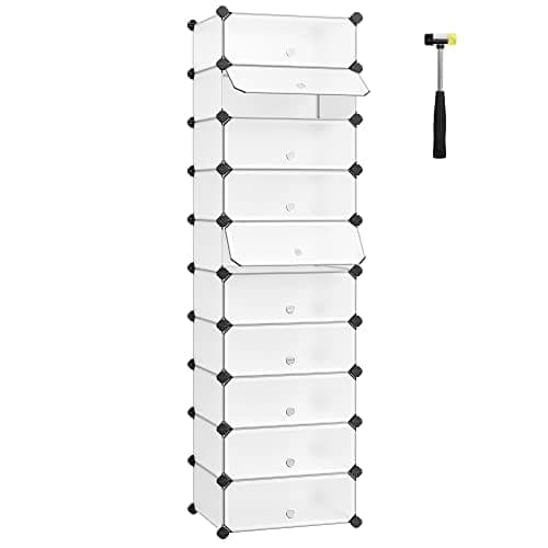 Songmics Interlocking Shoe Rack, rektangulær opbevaringsarrangør, plastgarderobe med døre, hvid