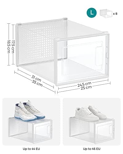 Songmics -skobokse, pakke med 8 Stackable skoopbevaringsarrangører, gennemsigtig og hvid