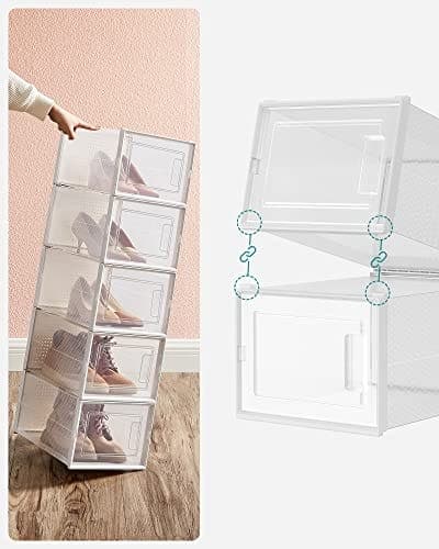 Songmics -skobokse, pakke med 8 Stackable skoopbevaringsarrangører, gennemsigtig og hvid