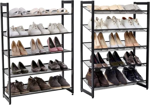 Songmics 5 Tier Metal Mesh Shoe Rack med flade vinklede hylder, sort