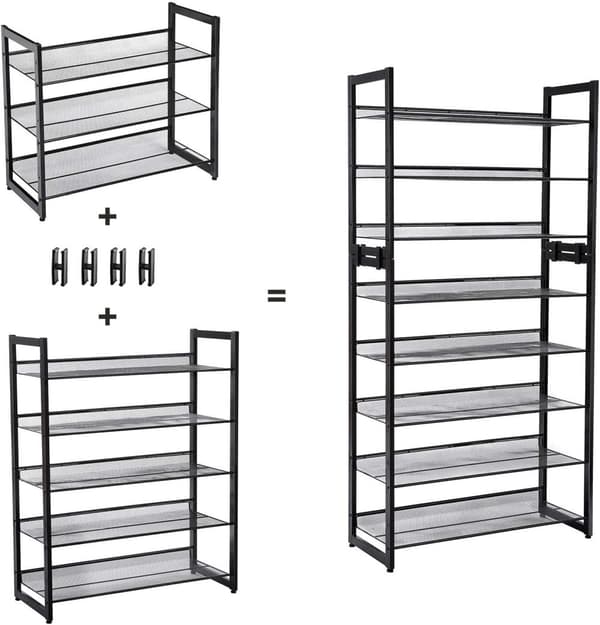 Songmics 5 Tier Metal Mesh Shoe Rack med flade vinklede hylder, sort
