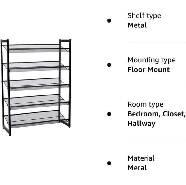 SongMics 5 -Tier Metal Mesh -kenkäteline, jossa on litteät kulmahyllyt, Black