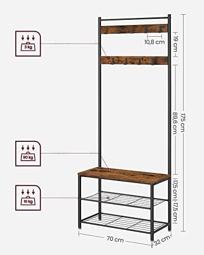 Vasagle Coat Rack, frakke står med skoopbevaringsbænk, halltræ, rustik brun og sort