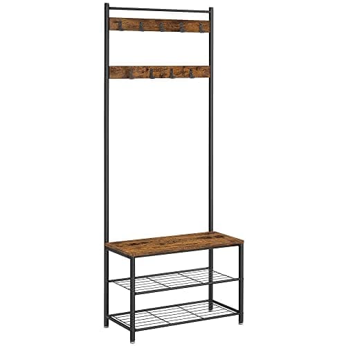 Vasagle Coat Rack, frakke står med skoopbevaringsbænk, halltræ, rustik brun og sort