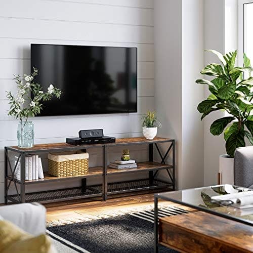 Vasagle TV Stand, TV -bord til tv op til 70 tommer, med hylder, stålramme, stue, soveværelsesmøbler, rustik brun og sort LTV095B01