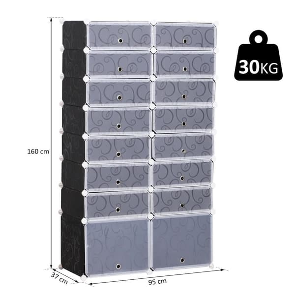 Rootz Kenkäkaappi - Kenkäteline - Järjestäjä - Vaatekaappi - Osastokaappi - 16 kuutiota - PP - Musta - Valkoinen - 95 x 3 7 x 160 cm