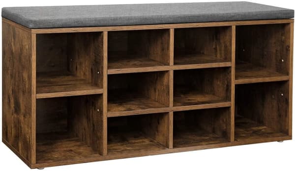 Rootz Skobænk - Skostativ - 10 rum - Industriel - Polstring - Brun - Grå - 104 x 30 x 48 cm