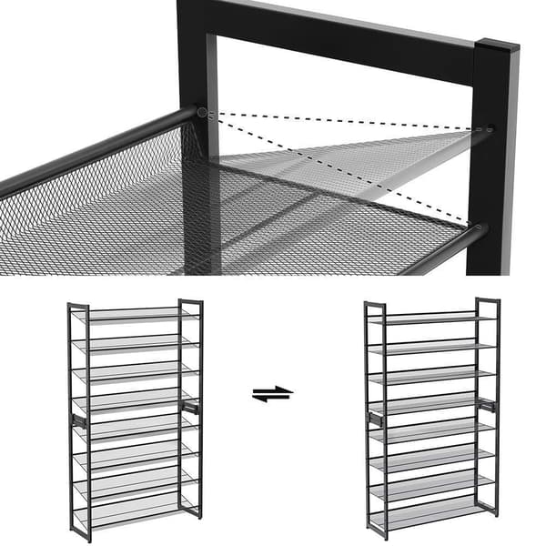 Rootz Skostativ med 8 niveauer - Sæt med 2 stabelbare 4-lags skoopslag - Metal skoopbevaring med justerbare mesh hylder - Sort