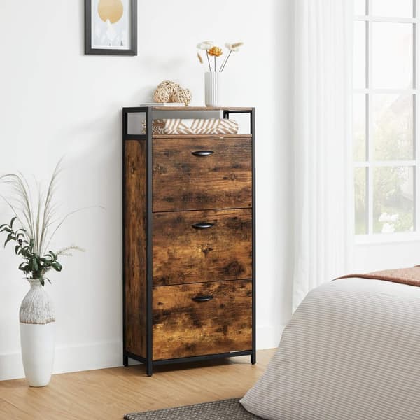 Rootzin kenkäkaappi 3 läpällä - Kenkäteline - Kenkäkaappi 3 lokerolla - 12-18 kenkäparille - Vintage ruskea-musta (60 x 30 x 130 cm)