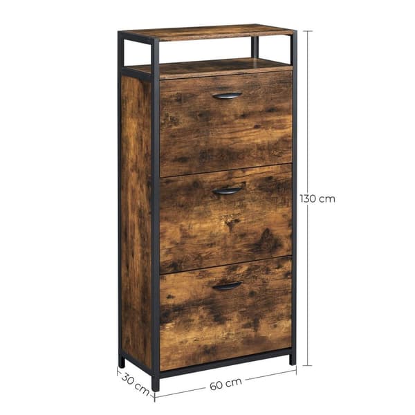 Rootzin kenkäkaappi 3 läpällä - Kenkäteline - Kenkäkaappi 3 lokerolla - 12-18 kenkäparille - Vintage ruskea-musta (60 x 30 x 130 cm)