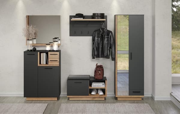 Rootz Coat Rack Bench - Entryway Seat - Shoe Storage - Hallway Organizer - Furniture - Cloakroom Solution - Anthracite with Coast Evoke Oak - 90x48x40