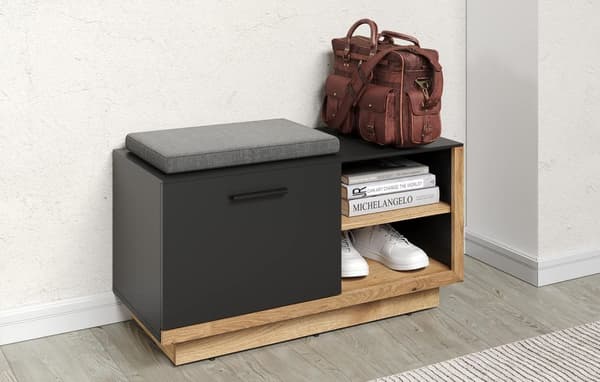 Rootz Coat Rack Bench - Entryway Seat - Shoe Storage - Hallway Organizer - Furniture - Cloakroom Solution - Anthracite with Coast Evoke Oak - 90x48x40