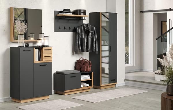 Rootz Coat Rack Bench - Entryway Seat - Shoe Storage - Hallway Organizer - Furniture - Cloakroom Solution - Anthracite with Coast Evoke Oak - 90x48x40