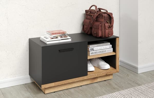 Rootz Coat Rack Bench - Entryway Seat - Shoe Storage - Hallway Organizer - Furniture - Cloakroom Solution - Anthracite with Coast Evoke Oak - 90x48x40