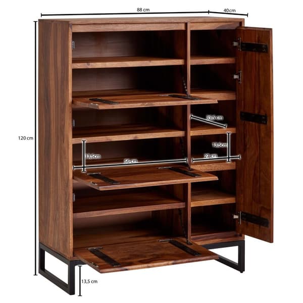 Rootz skoskab massivt sheesham træ 88x120x40 cm skohylde lukket - Design sko kommode med hylde - Sko opbevaringshal kommode til sko høj