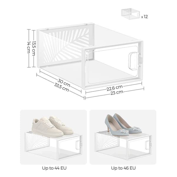 Rootz skoæsker - Sæt med 12 skoæsker - Skoopbevaringsæsker - Skobeholdere i plast - Skobeskyttere - ABS-ramme - Gennemsigtig hvid - 33,5 x 23 x 14 cm